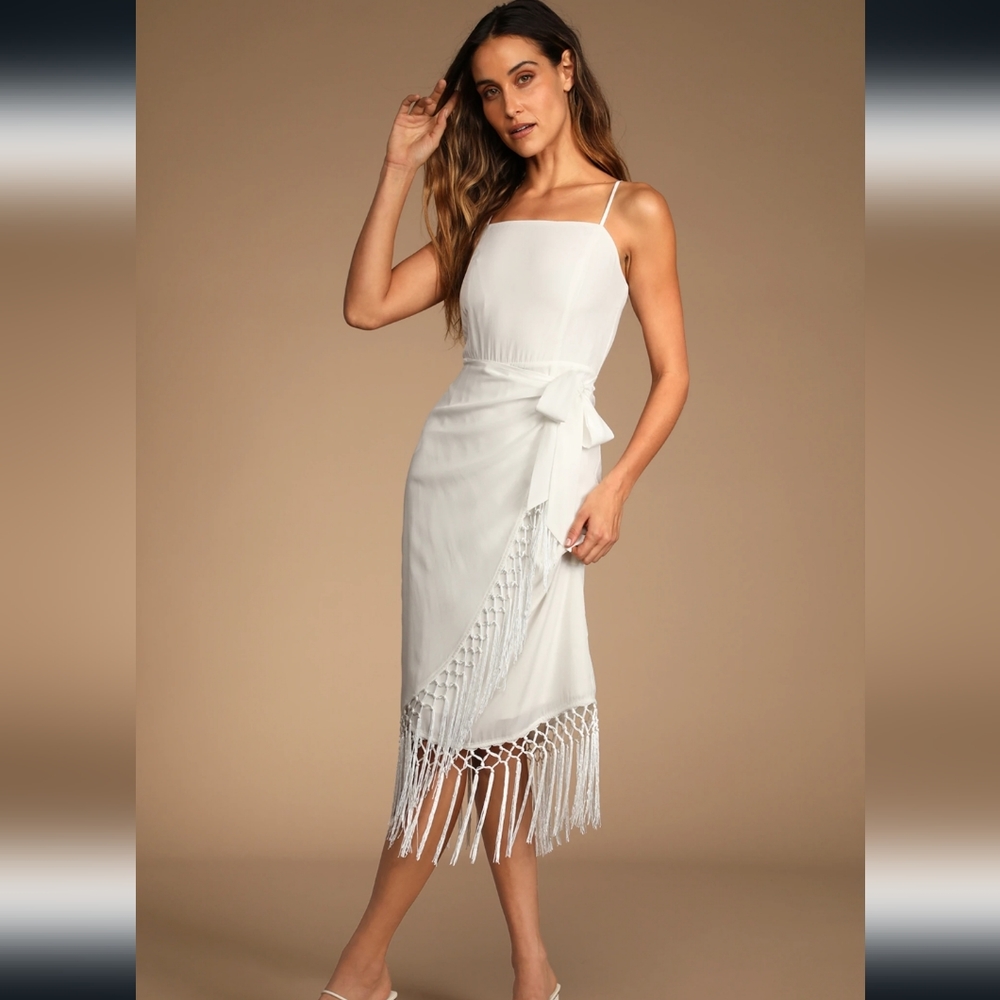 LuLus white faux wrap fringe midi beginning of bliss